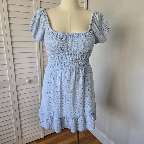 Sim & Sam | Dresses | Sim Sam Eyelet Chambray Mini Dress Xl Puff Sleeve ...